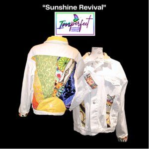Upcycled white denim patchwork applique jacket